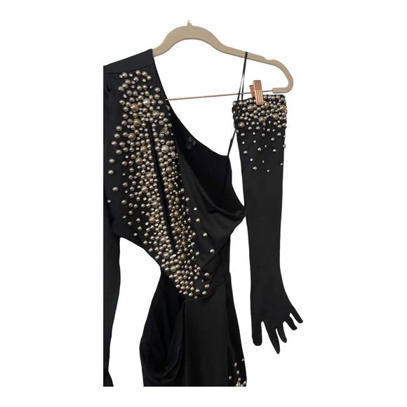 NBD Isla One Shoulder Mini Dress Cut Out Embellished Detachable Sleeve Black S - Picture 7 of 16